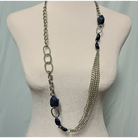 Chico's Jewelry - VTG Chicos Statement Necklace Mod Dark Blue Silver Tone Glam 38" Event Dressy